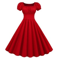 Huaai летни рокли за жени квадратна врата с къс ръкав ретро рокля вечерна рокля винтидж голяма люлееща рокля червен xl